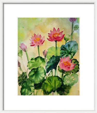 Sunset water lily pond 2 Watercolor Lotus flowers thumb