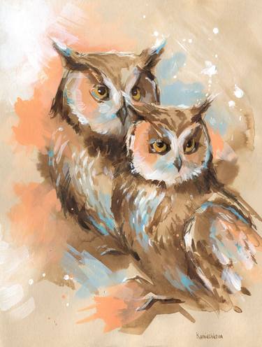 TWO OWLS SITTING, ACRYLIC PAINTING ON A TONED PAPER thumb
