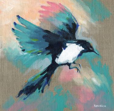 MAGPIE, ACRYLIC PAINTING ON LINEN CANVAS BOARD thumb
