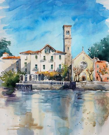 View of a pretty little town on Lake Como, watercolour painting thumb