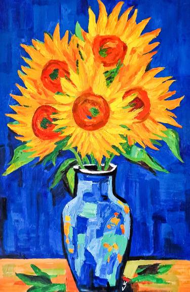 Sunflowers in Blue Vase thumb