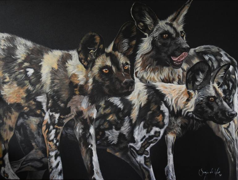Original Animal Painting by Sonja De Wet | Contemporary Art on Canvas | Night at the Waterhole - Wild Dogs
