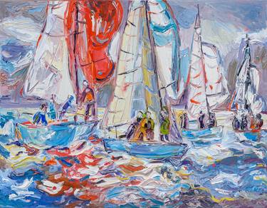 "Sea regatta" large oil painting textured wall art thumb
