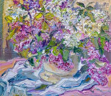 "Bouquet of Lilas", original oil painting, impasto wall art thumb