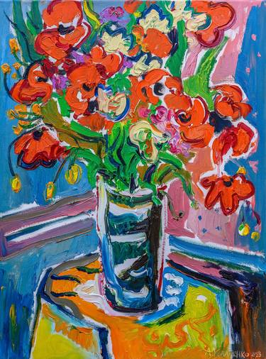 "Poppies In a Flask", Oil Painting, Large Wall Art thumb