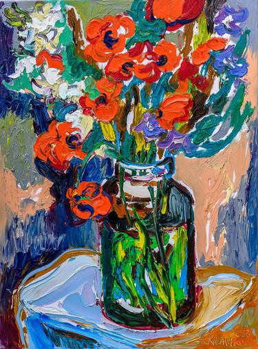 "Bouquet of wildflowers" Large Oil Painting Colorful Wall Art thumb