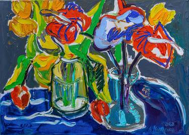Anthurium Colorful Wall Art Bouquet of Flowers Oil Painting thumb