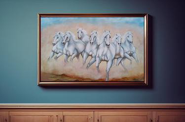 7 horses acralic  painting  vastushastra 2 feet x 3 feet thumb