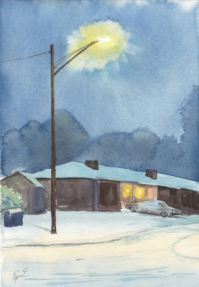 Winter Night Snow Street Lights Painting Gráfico por Alone Art
