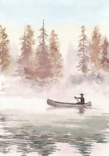 Boatman on the river in the morning mist thumb