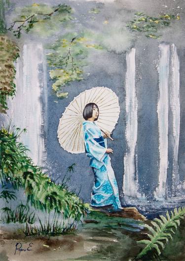 Japanese girl posing near a waterfall with an umbrella thumb