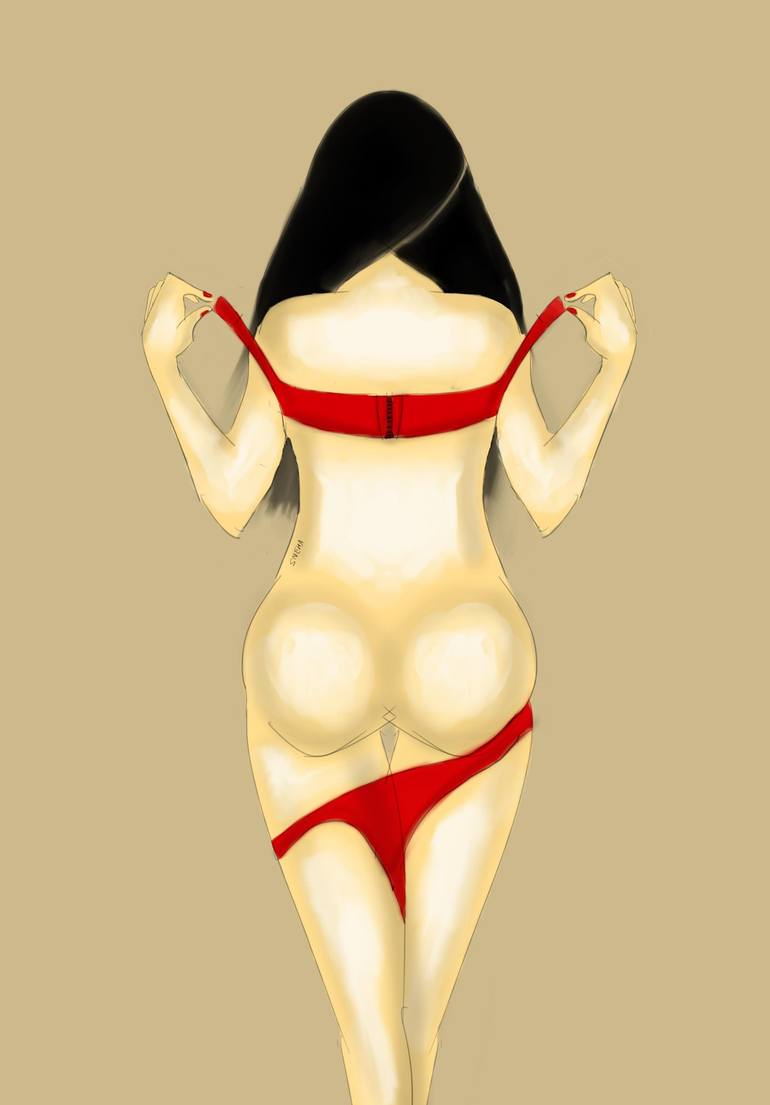 Nude Girl in red Lingerie removing her bra Digital by Delv Anima