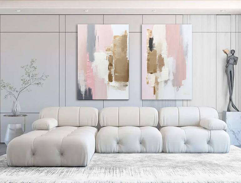 Original Abstract Painting by Indie Ru | Abstract Art on Canvas | Pastel Pink and Gold Urban Landscape Set of 2