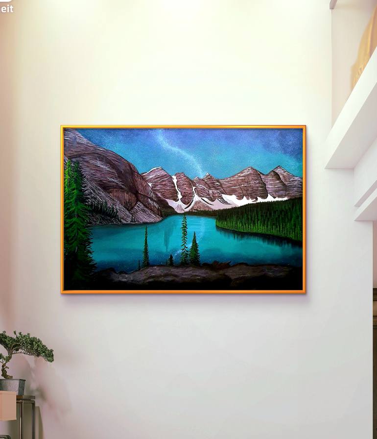 Original Landscape Painting by Khatiba Shafiq | Modernism Art on Canvas | Beneath the Night's Canopy: Moraine Lake Painting