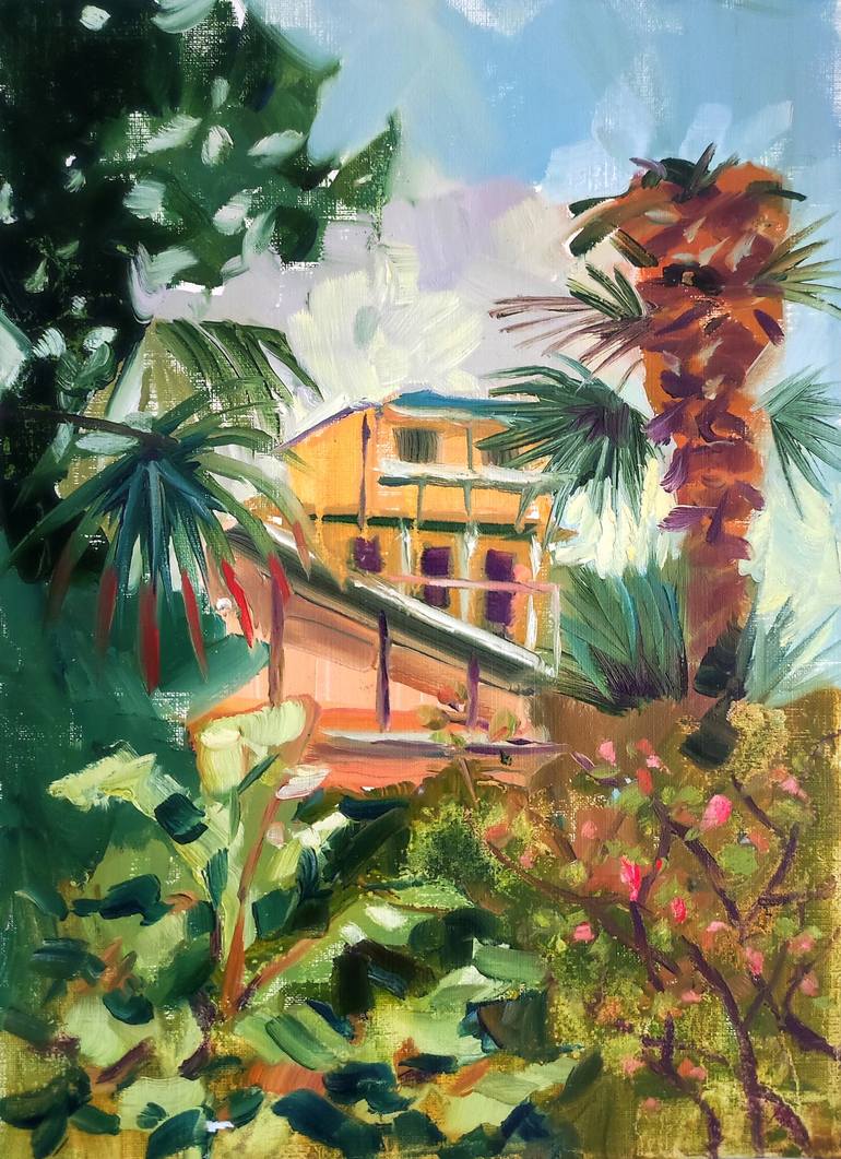 Original oil painting Tropical landscape with an old house