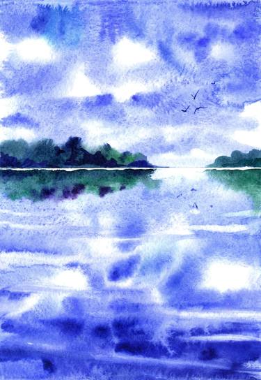 Original watercolor painting landscape Clouds and lake. thumb