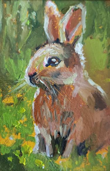 Hare - framed original oil painting. Cottagecore forest animal thumb