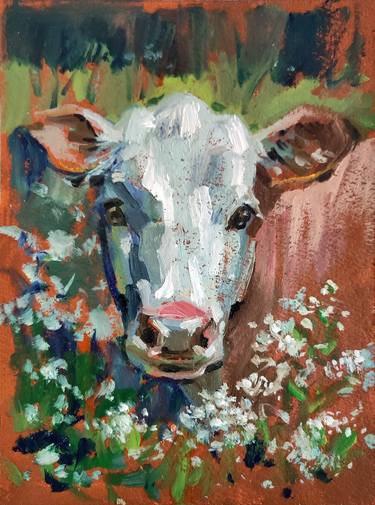 Cow in flowers, Original oil painting 7 by 9", Farmhouse wall art thumb