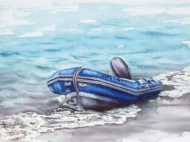 Blue boat on the seashore thumb