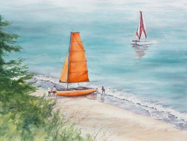 Orange sailboat and blue waters of the ocean thumb