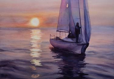 Calmness. Purple sunset on the yacht. thumb