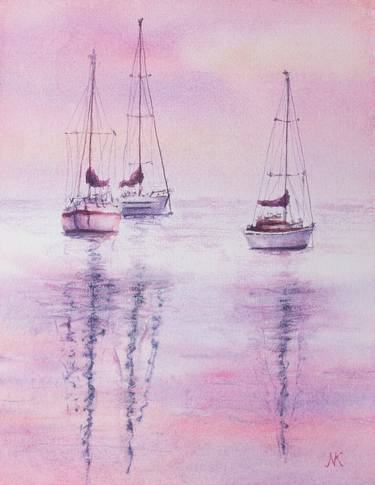 Sailboats on a pink sunset thumb