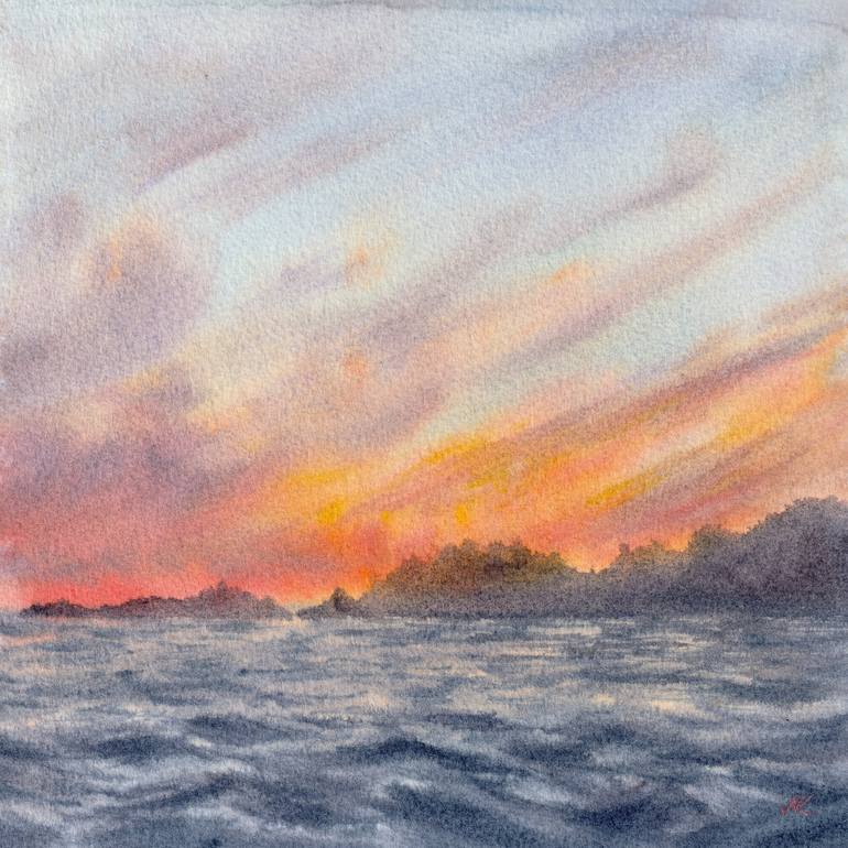 Original Seascape Painting by Kateryna Nazarenko | Expressionism Art on Paper | Sunset by the sea