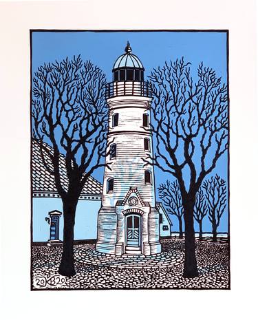 Kegnaes Lighthouse - 3 color linocut limited edition print of 30 thumb