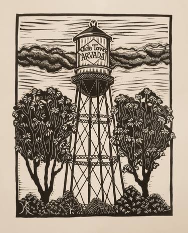 Old Town Water Tower - linocut limited edition print of 50 thumb
