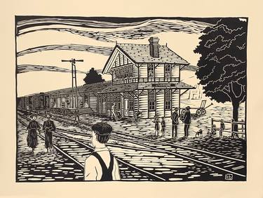 Waiting For the Train - linocut limited edition print of 30 thumb
