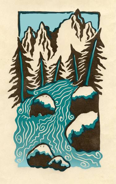 Mt. Whitney Stream - 3 color linocut limited edition print of 20 thumb