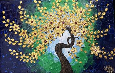 3D Texture Golden Tree Palette Knife Painting thumb