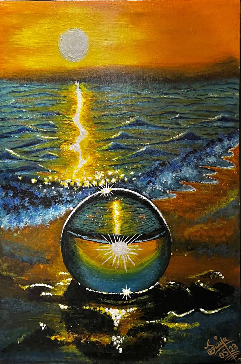 Mesmerizing Crystal Ball Seashore Sunset Reflection Painting by