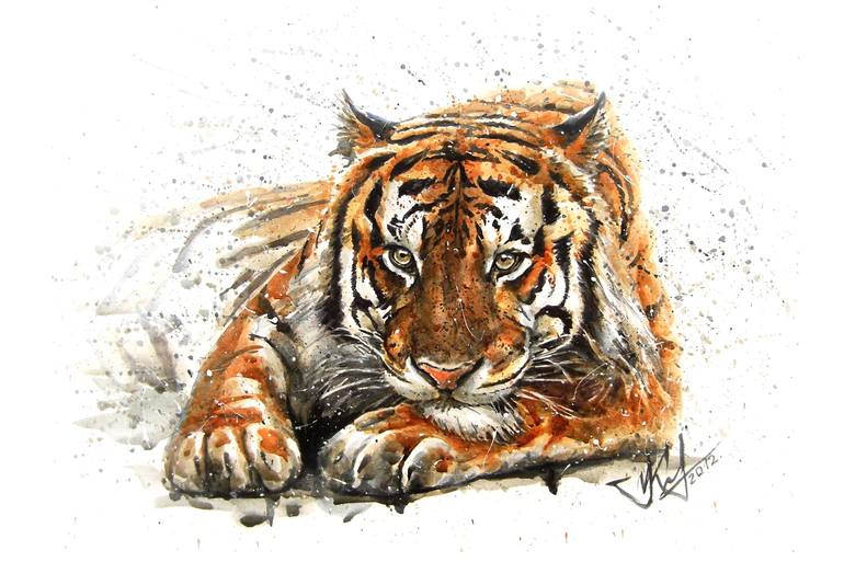 Original watercolor ink drawing on paper Tiger 11.8 х 8.3 in