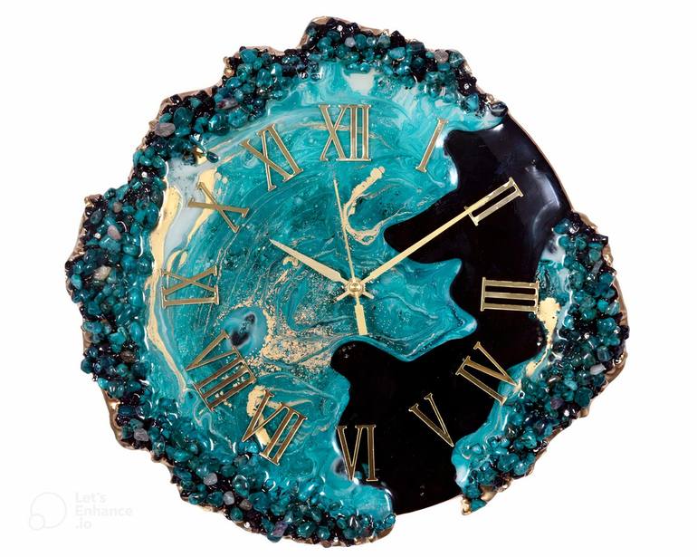 Beautiful Epoxy Resin Green Gold Agate Stone Look Wall Clock - Print