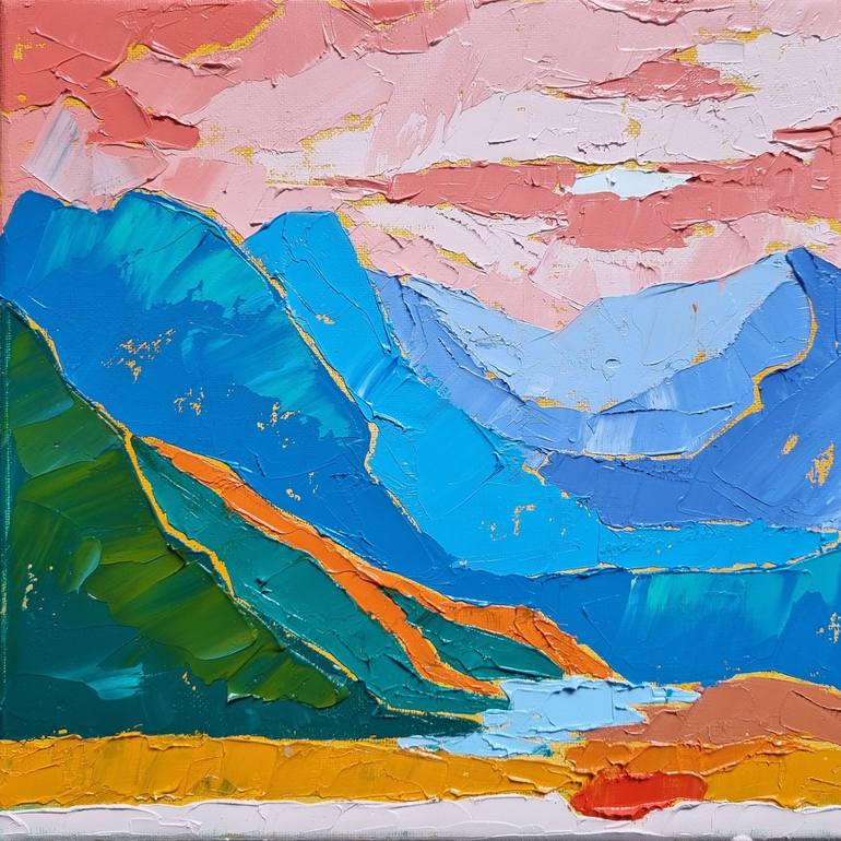 landscape blue mountains on a pink background Painting by Max Litvinov ...