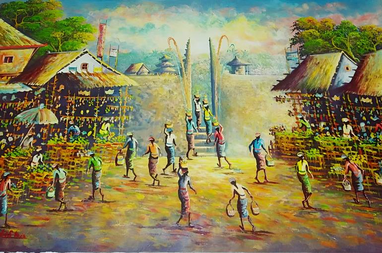 Original Architecture Painting by Reggy Renaldi | Abstract Art on Canvas | Traditional People's Market Painting: A Place to Meet and Trade