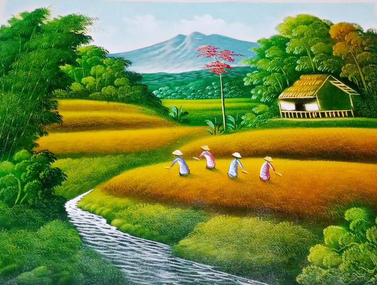 Peaceful Farming: An Exquisite Oil Painting of Farmers and Nature