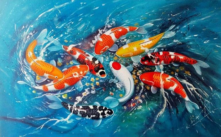 Koi Fish Underwater, Nature Pond, Watercolor Illustration, Canvas