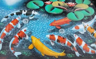 9 Koi Fish Swimming in a Beautiful Pond with Clear Blue Water thumb