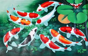 A Painting of 9 Koi Fish Amidst the Serene Pond Blossoms thumb