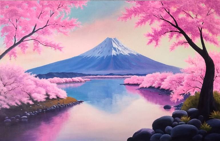 Mount Fuji with Blossoming Cherry Trees Painting by Reggy Renaldi