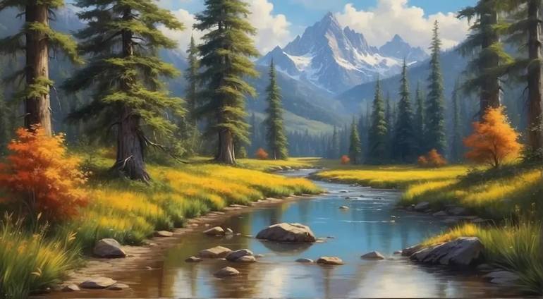 Majestic Mountain River Landscape - Serene Pine Forest Painting by