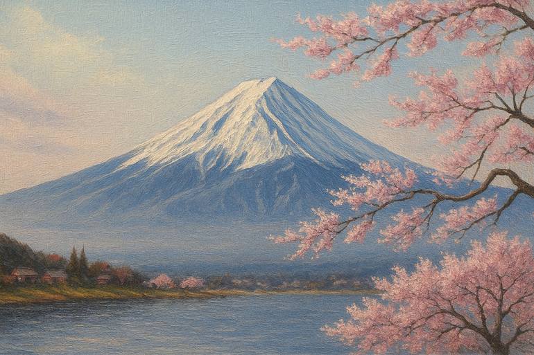 Mount Fuji with Blossoming Cherry Trees Painting by Reggy Renaldi