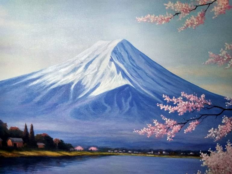 Original Landscape Painting by Reggy Renaldi | Realism Art on Canvas | Eternal Spring at Mount Fuji - Japanese Cherry Blossom Landscape