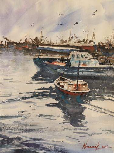 Original Boat Paintings by Namiq Mustafayev