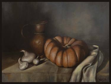 Still life with pumpkin, brass jug, and white onions thumb