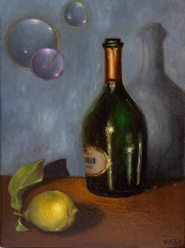 Still life with champagne, lemon and bubbles. Oil on linen canvas thumb