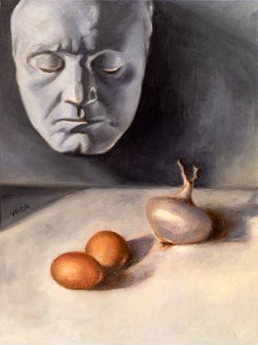 Still life with Beethoven cast, eggs and onion. Oil on canvas thumb