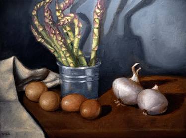Still life with asparagus and metal bucket. Oil on canvas. thumb
